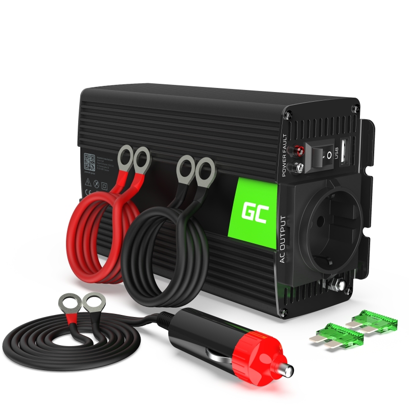 Green Cell automobilinis 300W/600W įtampos keitiklis 12V DC / 230V AC (modifikuota sinusoidė) su 5V 1A USB