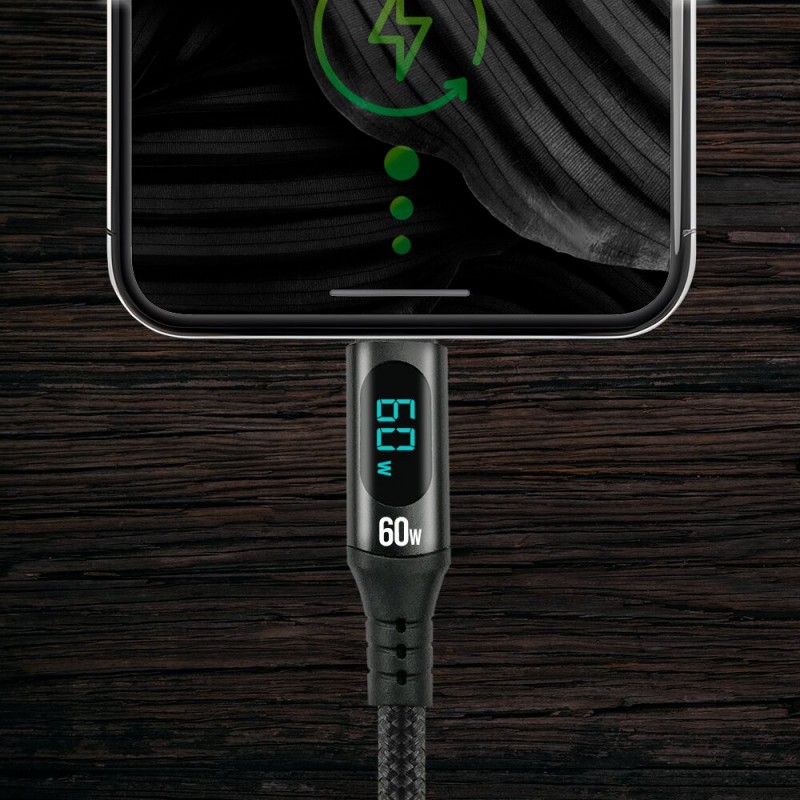 everActive 1m USB-C PD 3A 60W pintas kabelis su LCD ekranu CBB-1PDL