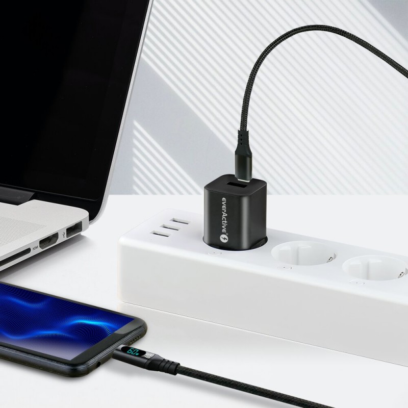 everActive 1m USB-C PD 3A 60W pintas kabelis su LCD ekranu CBB-1PDL