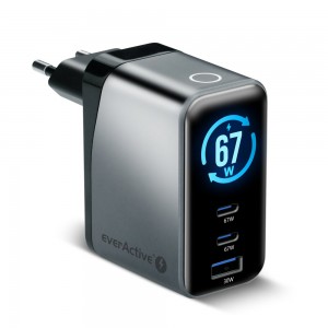 everActive 67W USB-A QC 3.0 ir 2xUSB-C PD PPS GaN įkroviklis su LCD ekranu SC-670Q Pro everActive 67W USB-A QC 3.0 ir 2xUSB-C PD PPS GaN įkroviklis su LCD ekranu SC-670Q Pro