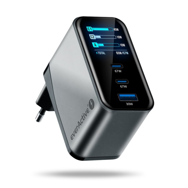 everActive 67W USB-A QC 3.0 ir 2xUSB-C PD PPS GaN įkroviklis su LCD ekranu SC-670Q Pro