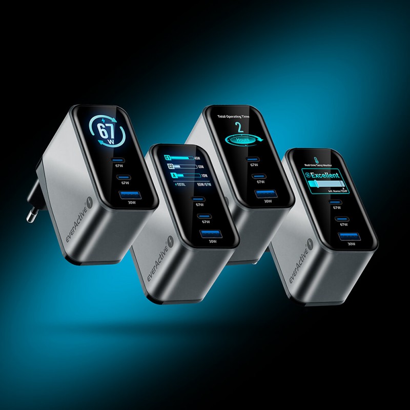 everActive 67W USB-A QC 3.0 ir 2xUSB-C PD PPS GaN įkroviklis su LCD ekranu SC-670Q Pro