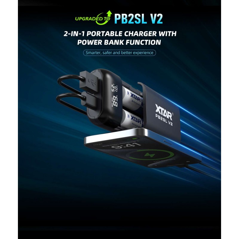 Xtar 2xLi-ion akumuliatorių įkroviklis su 22.5W Powerbank funkcija PB2SL V2, juodas