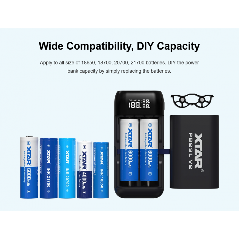 Xtar 2xLi-ion akumuliatorių įkroviklis su 22.5W Powerbank funkcija PB2SL V2, juodas