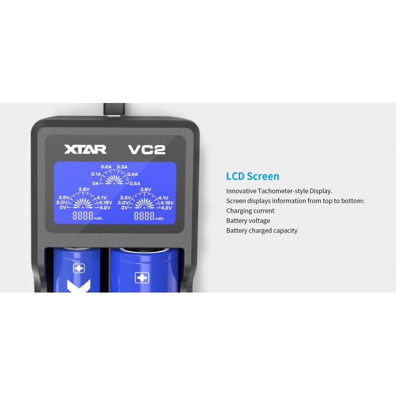 Xtar 2 x Li-ion akumuliatorių įkroviklis su LCD ekranu VC2