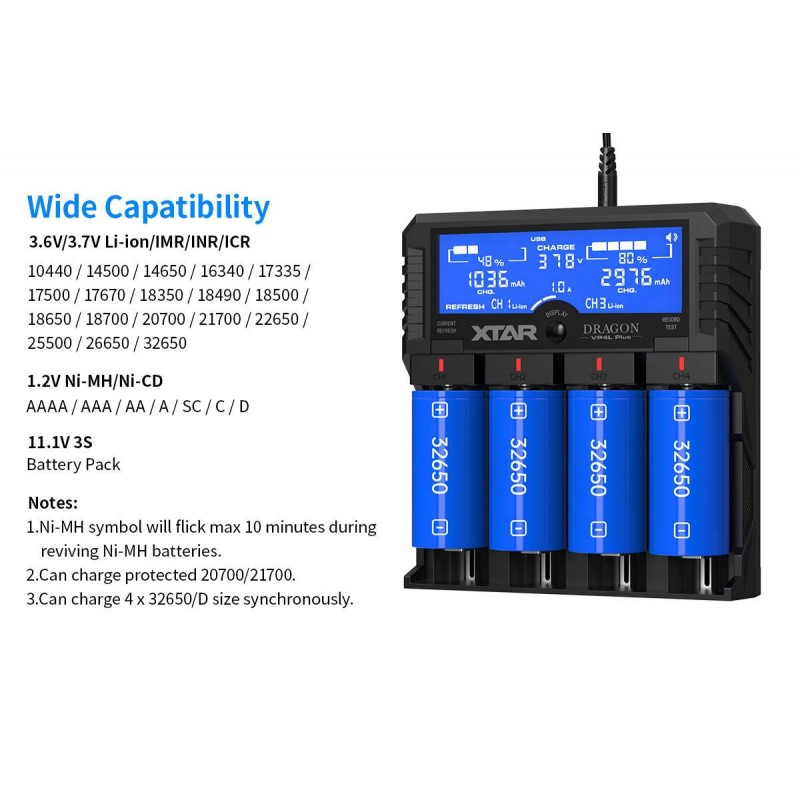 Xtar universalus 4 x Li-ion ir Ni-MH akumuliatorių įkroviklis su LCD ekranu VP4L PLUS DRAGON